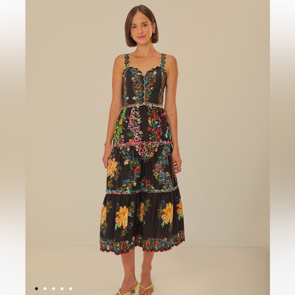 NWT Farm Rio - Black Delicate Forest Scarves Organic Cotton Maxi Dress - Size M